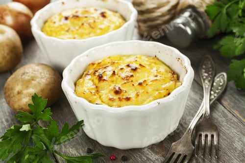 Preview: Potato Casserole With Meat On The Wooden Table