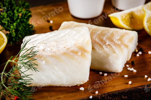 Preview: Fresh Raw Cod With Herbs Served On Cutting Board On Wooden Table
