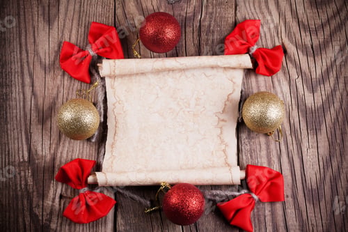 Preview: Sheet Of Paper With Christmas Decoration On Wooden Background