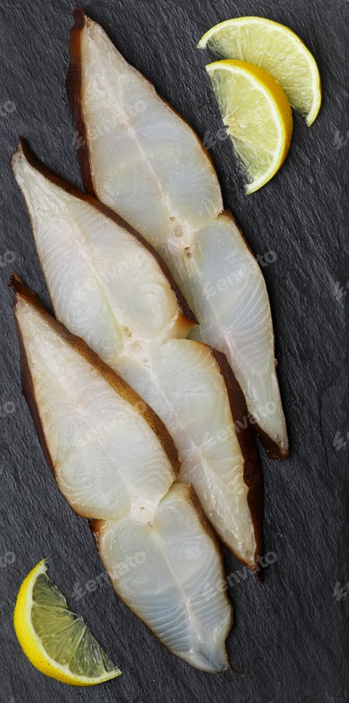 Preview: Slices Of Salted Smoked Halibut (Turbot) On A Black Slate Plate. A Delicious Fish Appetizer Is