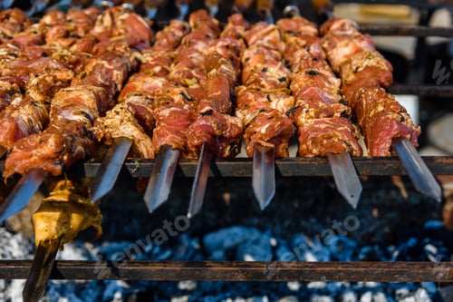 Preview: Skewers With Meat Over Charcoals. Cooking Shashlik