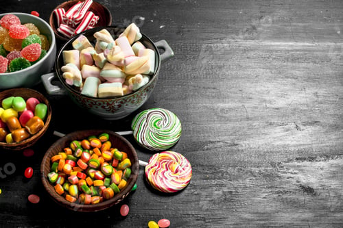 Preview: Different Sweet Candy, Jelly And Candied In A Bowl. On The Black Chalkboard.