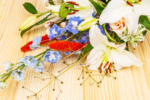 Preview: Bouquet Of Summer Festive Flowers. The Concept Of A Romantic Gift. Bridal Bouquet. Light Wooden