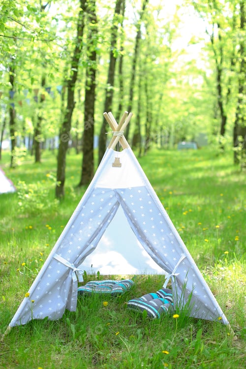 Preview: Blue Tent In Forest, Shiny Weather. Concept Of Nature And Summer Vacations.