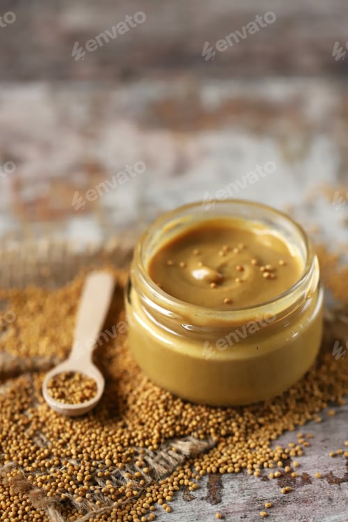 Preview: Jar Of Mustard And Mustard Seeds. Homemade Spicy Mustard.