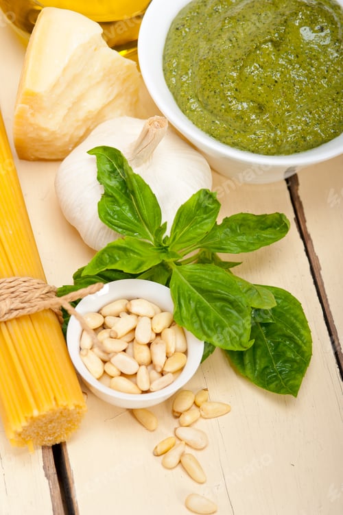 Preview: Italian Traditional Basil Pesto Pasta Ingredients Parmesan Cheese Pine Nuts Extra Virgin Olive Oil