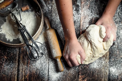 Preview: Dough Background. Preparation Of Dough With Tools. On A Wooden Table.