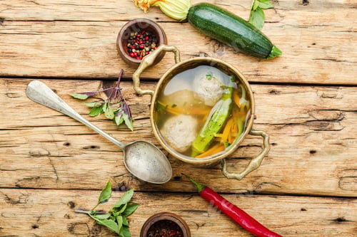 Preview: Soup With Zucchini.Bowl Of Soup With Meatballs And Vegetables On Retro Wooden Table.Soup With