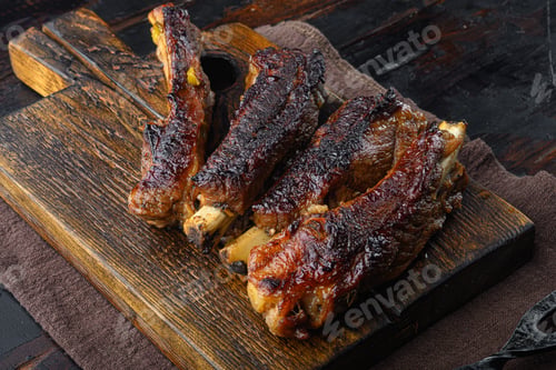 Preview: Barbecue Pork Spare Ribs With Fruit Relish Set, On Wooden Serving Board, On Old Dark Wooden Table