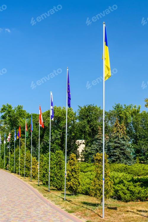 Preview: National Flags Of Different Countries In City Park Of Myrhorod, Ukraine