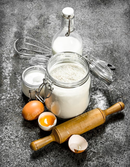 Preview: Baking Background. Fresh Ingredients For Dough. On A Rustic Background.