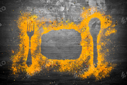 Preview: Print Of Indian Spices From Fork, Spoon And Plate. On The Black Chalkboard.