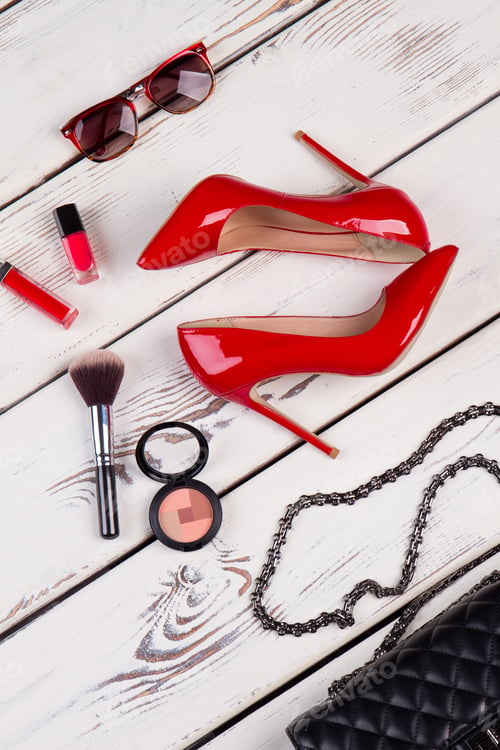 Preview: Luxury Party Essentials, Top View. Fashion Shoes, Art Minimal.