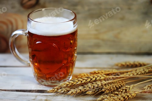 Preview: Selective Focus. Fresh Wheat Beer And Ears Of Wheat. Brewery Concept.