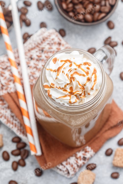 Preview: Iced Coffee Latte In A Mason Jar With Caramel Syrup And Whipped Cream. Selective Focus