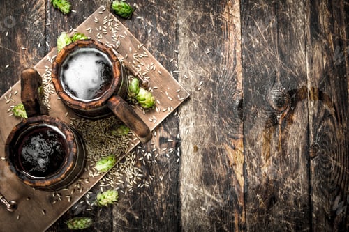 Preview: Beer In A Wooden Mug With Green Hops. On A Wooden Background.