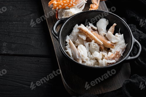 Preview: Boiled Blue Swimming Crab Meat Set, On Black Wooden Table Background , With Copyspace And Space For