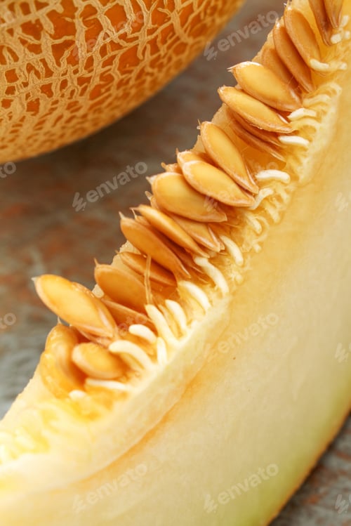 Close-Up of Cantaloupe Melon Slice with Seeds