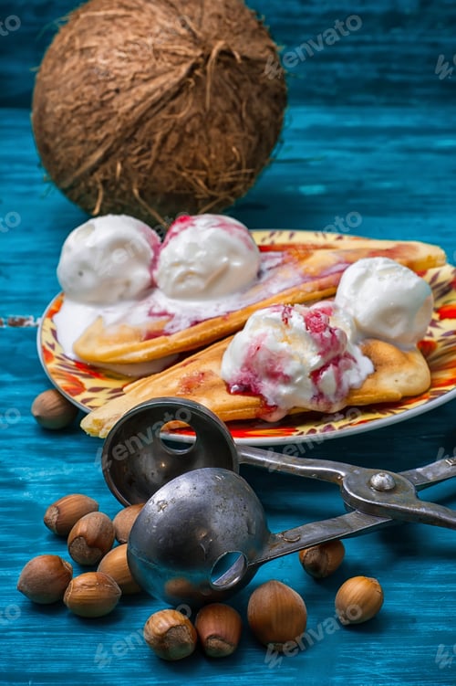 Preview: Freshly Baked Waffle Pecan Coconut Dessert With Appendices Ice Cream .Shallow Dof