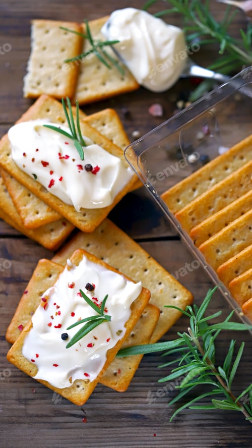 Preview: Garlic Crackers With Cream Cheese. Appetizing Snack. Keto Snack. Selective Focus. Macro.