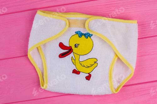 Preview: Baby Cotton Diapers Close Up. Cropped Baby Underpants With Cartoon Duck Image, Top View. Pink