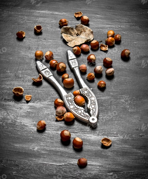 Preview: The Nutcracker With Hazelnuts And Dried Leaves. On The Black Wooden Table.
