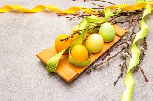 Preview: Easter Eggs, Willow Seals Branches, Polka Dot Satin Ribbons. Concept On A Wooden Stand On A Stone