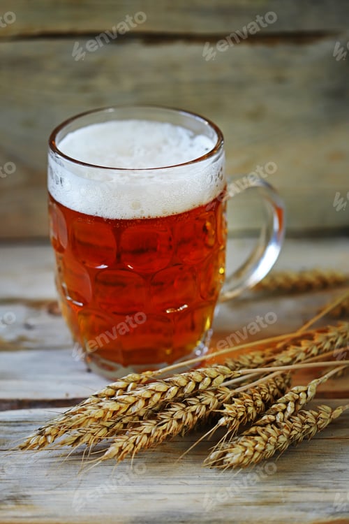 Preview: Selective Focus. Fresh Wheat Beer And Ears Of Wheat. Brewery Concept.