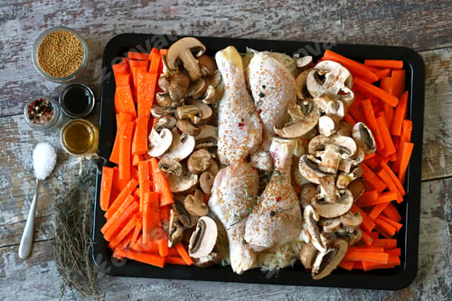 Preview: Raw Chicken Legs With Vegetables And Mushrooms On A Baking Sheet Before Baking. Healthy And