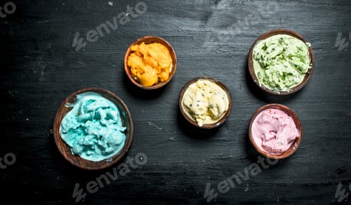 Preview: Variety Of Fruit Ice Cream In A Bowl. On The Black Chalkboard.