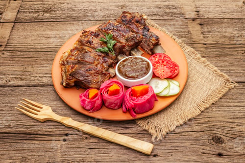 Preview: Bbq Pork Ribs With Fermented, Baked And Fresh Vegetables. Teriyaki Sauce, Spices, Plum Chutney. Old