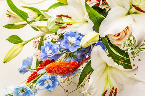Preview: Bouquet Of Summer Festive Flowers. The Concept Of A Romantic Gift. Bridal Bouquet. Light Stone