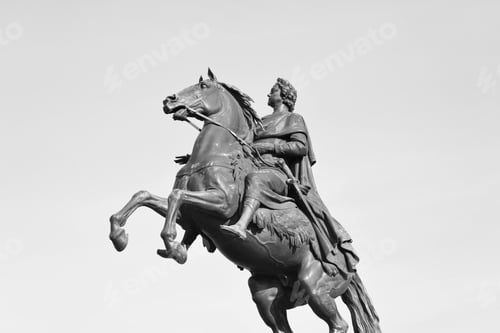 Preview: Bronze Horseman - Monument To Peter I On The Senate Square In St. Petersburg. Black And White.