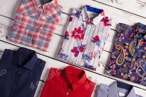 Preview: Assortment of Folded Shirts on Wooden Background