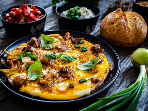Preview: Delicious Breakfast - Scrambled Eggs With Fried Mushrooms, Cottage Cheese And Vegetable Served On