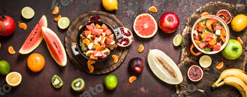 Preview: Summer Food. Tropical Salad Of Exotic Fruits. On Rustic Background.