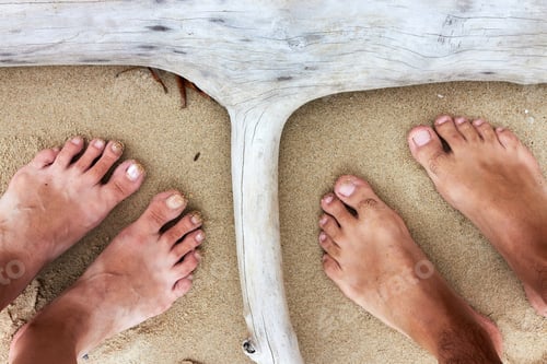 Preview: Male And Female Bare Feet In The Sand Near The Snags On The Sand Beach