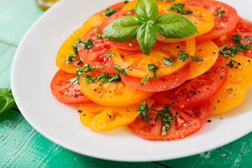 Preview: Salad Of Yellow And Red Tomato With Basil Pesto On A Light Background.