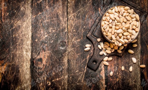 Preview: Pistachios In A Bowl On The Board. On Wooden Background.