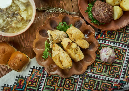 Preview: Kruchenyky, Meat Rolls With A Veggie Filling, Ukrainian Cuisine, Traditional Assorted Dishes, Top