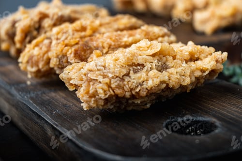 Preview: Breaded Chicken Wings On Dark Wooden Background, With Space For Text