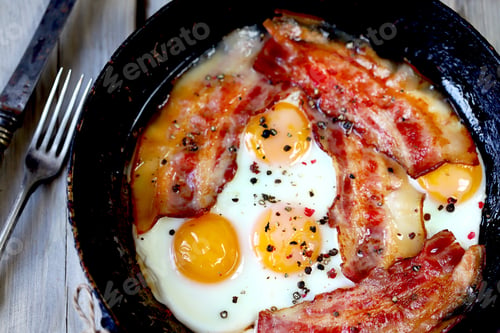 Preview: Selective Focus. Eggs With Bacon In A Frying Pan. Rustic Style. Traditional English Breakfast. Keto