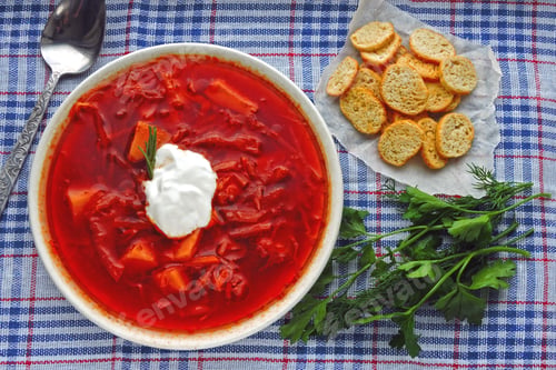Preview: Fresh Homemade Tomato Soup With Croutons And Herbs. Borscht.