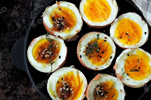Preview: Soft Boiled Eggs In A Cast Iron Skillet. Colorful, Healthy Foods. Flat Lay.