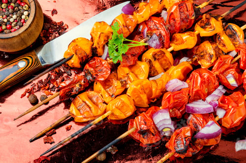Preview: Vegetables For Grilling.Vegetable Skewers Of Tomatoes, Cherry Tomatoes On Skewers.