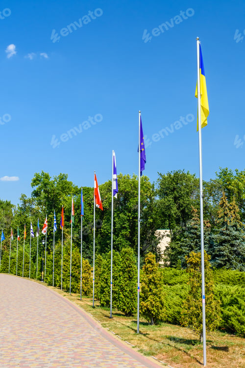 Preview: National Flags Of Different Countries In City Park Of Myrhorod, Ukraine