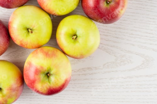 Preview: Lot Of Whole Fresh Red Apple James Grieve Variety Flatlay On Grey Wood