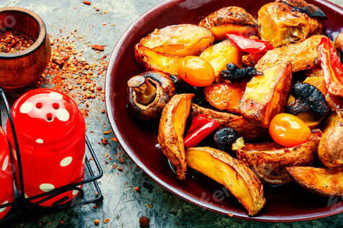 Preview: Plate With Delicious Fried Homemade Potatoes With Mushrooms