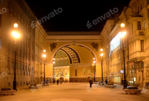 Preview: The General Staff Building And Bolshaya Morskaya Street At Night In St. Petersburg, Russia.