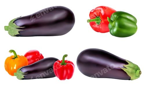 Preview: Fresh Vegetable Eggplants And Pepper Isolated On White Background.